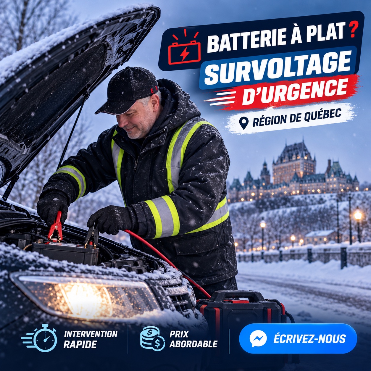 Visuel promotionnel : survoltage d’urgence dans la région de Québec, avec une intervention sur une batterie en hiver